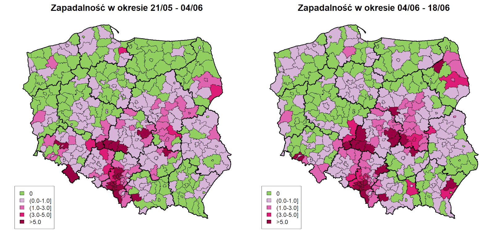<b>Zróżnicowanie przestrzenne zapadalności (liczba przypadków / 10 tys. osób) w okresach 21/05 - 04/06 oraz 04/06 - 18/06.</b>