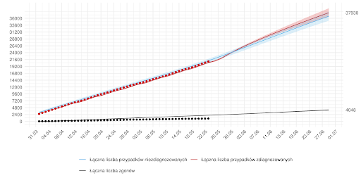 Średnioterminowa prognoza łącznej liczby rozpoznań zdiagnozowanych (czerwona linia) i niezdiagnozowanych (niebieska) w modelu stochastycznym. W dniach 25 maja - 25 czerwca przyjęto wzrost liczby testów. Na dzień 25 czerwca przewidujemy 37 930 wykrytych przypadków z 95% przedziałem ufności (36 496 - 39 490).