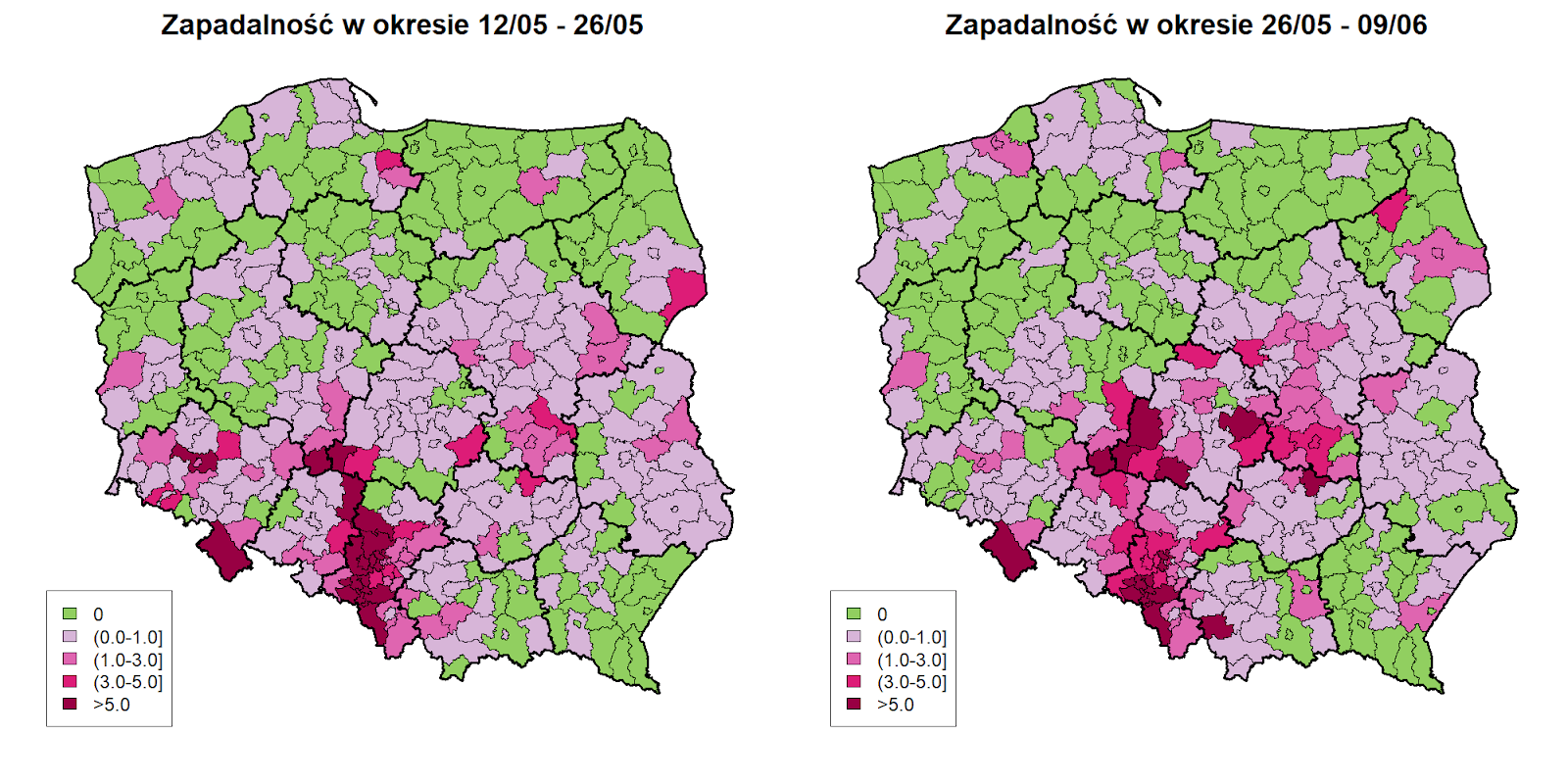 <b>Zróżnicowanie przestrzenne zapadalności (liczba przypadków / 10 tys osób) w okresach 06/05 - 20/05 oraz 20/05 - 03/06.</b> Spadek liczby nowych przypadków jest nieznaczny - widoczny głównie w województwach wielkopolskim i kujawsko-pomorskim.