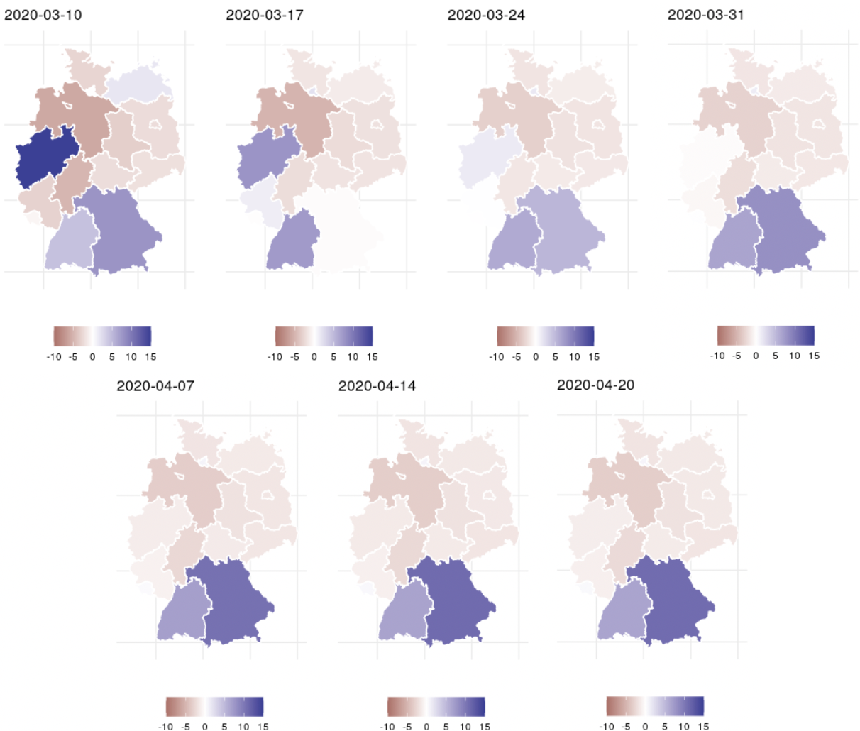<b>Różnica zapadalności w poszczególnych landach i średniej zapadalności dla całych Niemiec.</b> Dwa południowe landy (Badenia-Wirtembergia i Bawaria) wykazują większą zapadalność niż średnia w Niemczech, w ostatnim okresie dominuje zapadalność w Bawarii.